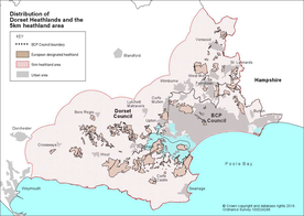 Verteilung der Heathland-Standorte und der 5-km-Pufferzone