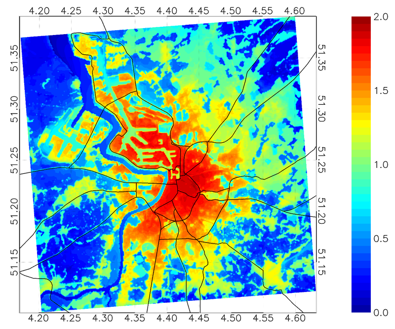 The average urban heat island intensity (in °C) in Antwerp for the period 2008-2017