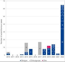 Distribution of arbovirus autochthonous events in mainland France, 2010–2022