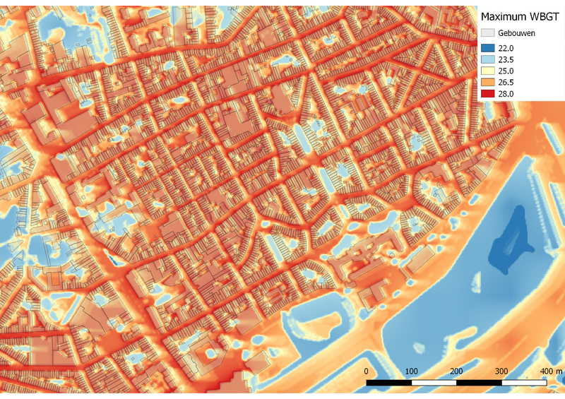 El WBGT máximo [°C] durante un día cálido de verano durante un cuarto en el centro de la ciudad de Amberes