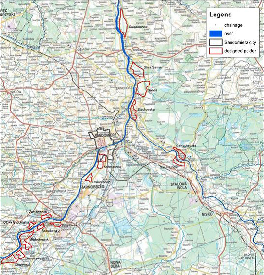 Panorama de los depósitos designados para aumentar la capacidad de retención a lo largo del Alto Vistula