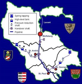 Mapa sieci powiązań wodnych doliny Lavant