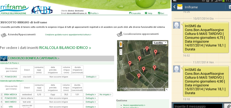 Captura de ecrã da aplicação IRRIFRAME WEB e APP