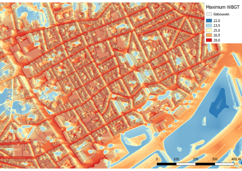 Högsta WBGT [°C] under en varm sommardag för en fjärdedel i Antwerpens centrum